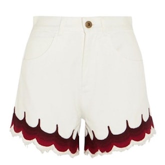 Scalloped Embroidered Denim Shorts