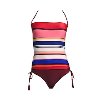 Striped Ruched-Side Bandeau One-Piece Swimsuit