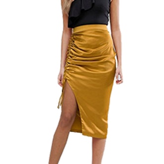 Gold Satin Ruch Midi Skirt