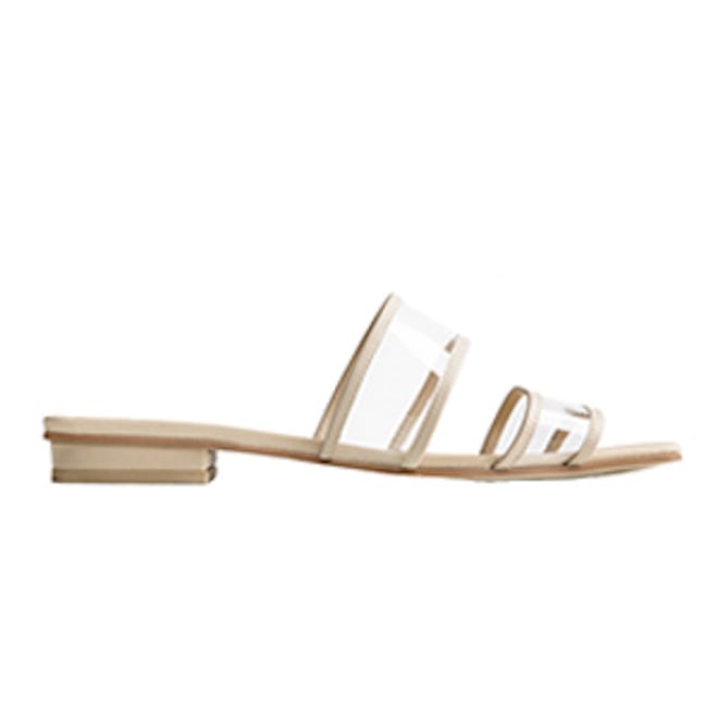 Beige Square Toe Clear And Leather Sandals