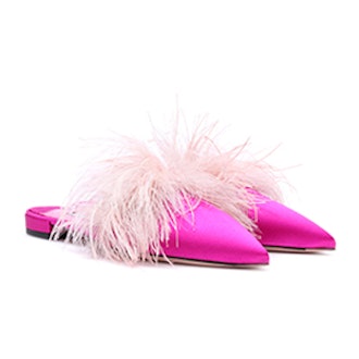 Feather-Trimmed Satin Slippers