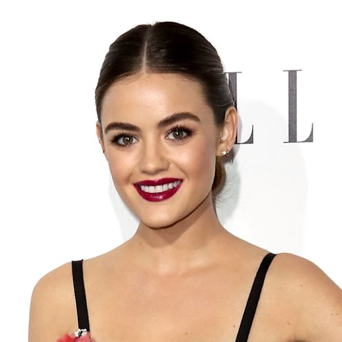 Lucy Hale with burgundy lipstick at a red carpet event