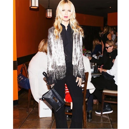 Rachel Zoe wearing Isla metallic fringe cardigan