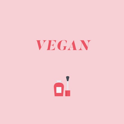 "Vegan" text sign and a nail polish tube illustration on a pink background