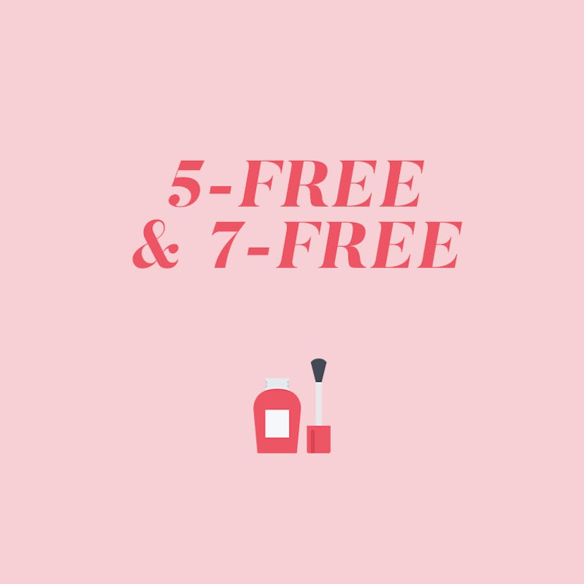 "5-free and 7-free" text sign and a nail polish tube illustration on a pink background