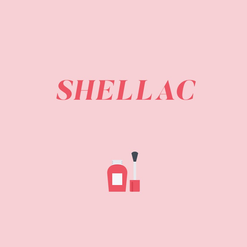 "Shellac" text sign and a nail polish tube illustration on a pink background