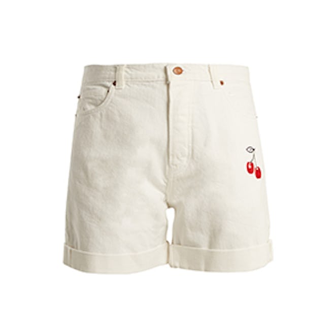Bliss and Mischief Cherry-Embroidered High-Rise Denim Shorts