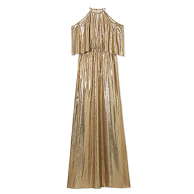 Marlene Cold-Shoulder Gold Metallic Jacquard Gown