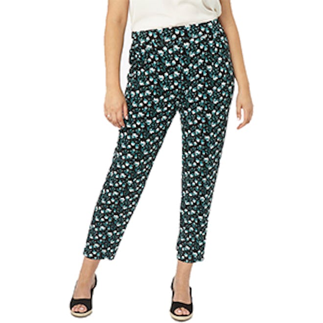 Teal Floral Print Tapered Leg Trousers