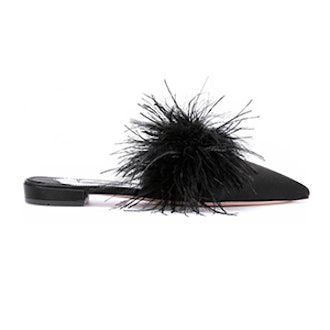 Feather-Trimmed Satin Slippers