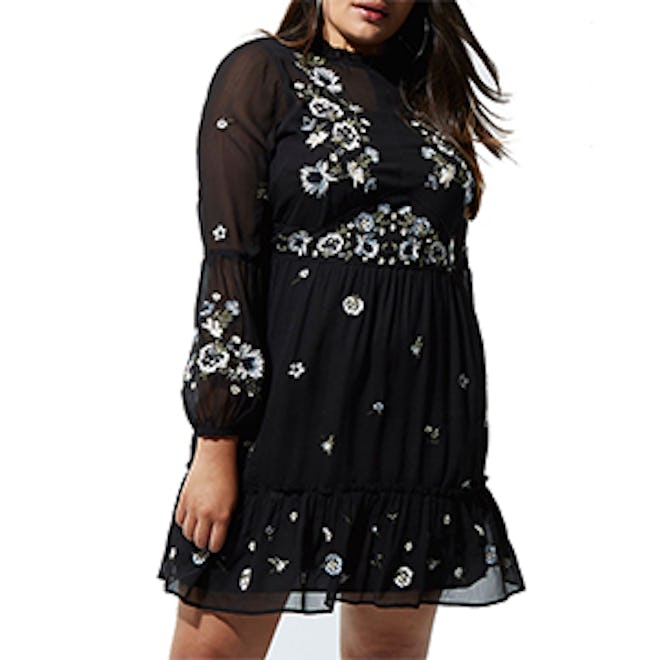 Black Floral Embroidered Smock Dress