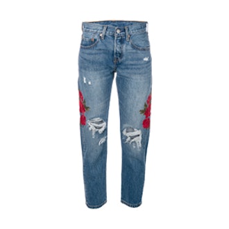 Embroidered Distressed Cropped Jeans