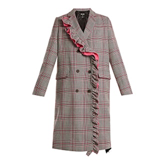 Asymmetric-Ruffle Prince of Wales-Checked Coat