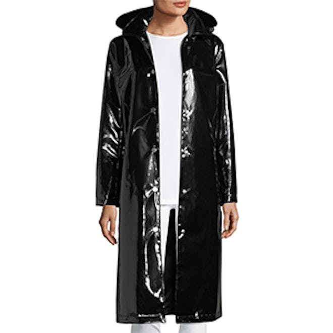 Hooded Snap-Front Long Rain Slicker Coat
