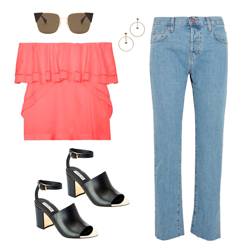 Pink gold metal sunglasses, jeans, a pink off-the-shoulder top, black heel sandals, and golden earri...