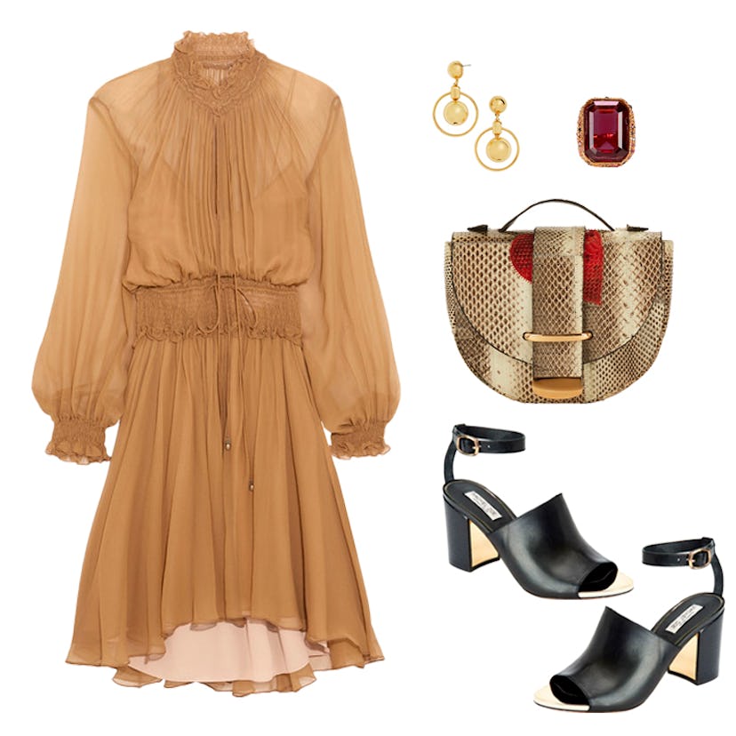 A red crystal ring, golden earrings, a brown silk mini dress, black heel sandals, and a leather bag 