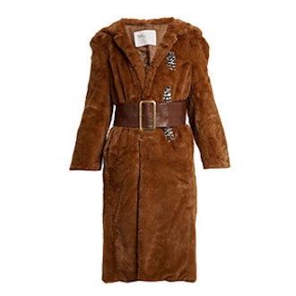 Point-Collar Bead-Embellished Faux-Fur Coat