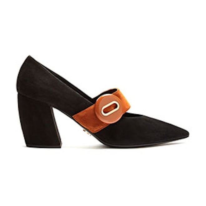 Button-Buckle Suede Mary-Jane Pumps