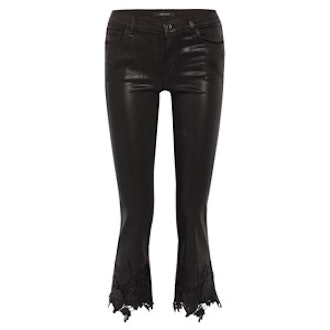 Selena Lace-Trimmed Cropped Coated Mid-Rise Flared Jeans