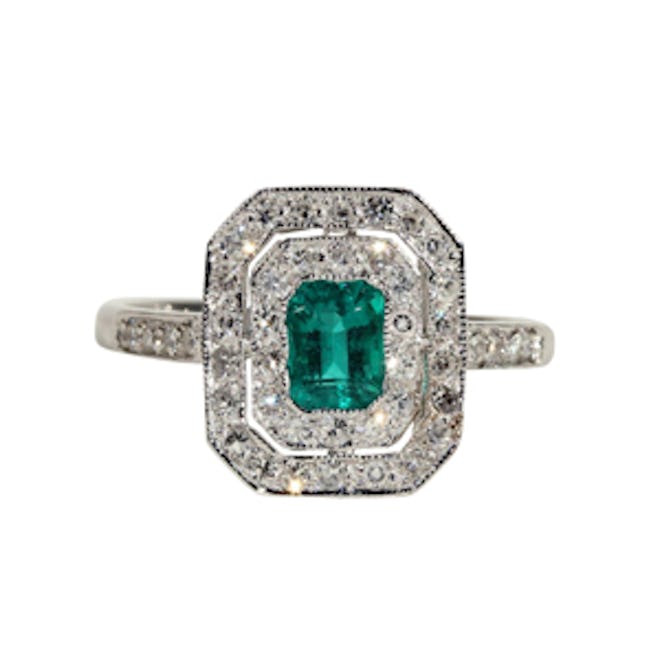 Vintage Emerald And Diamond Double Halo Ring in 18k White Gold