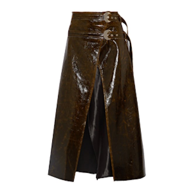 Pistol Satin-Trimmed Coated Wool-Blend Wrap Midi Skirt