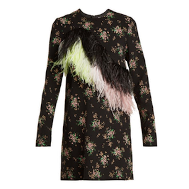 Feather-Embellished Floral-Print Crepe Dress