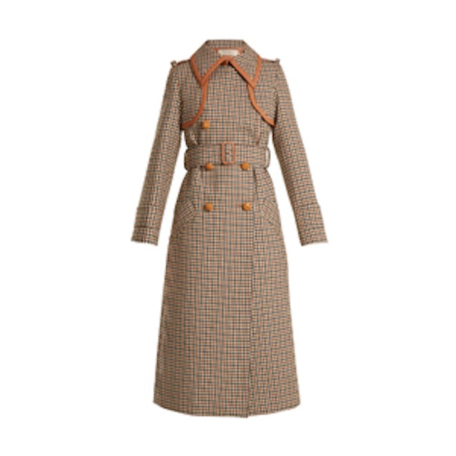 Point-Collar Leather-Trim Checked Wool Trench Coat