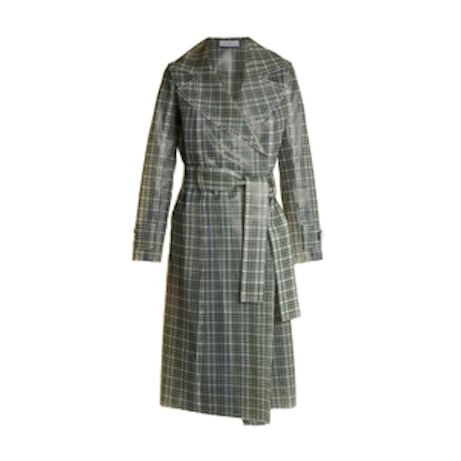 Tie-Waist Coated-Tartan Trench Coat