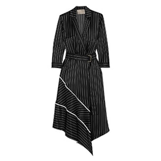Asymmetric Striped Silk-Charmeuse Midi Dress