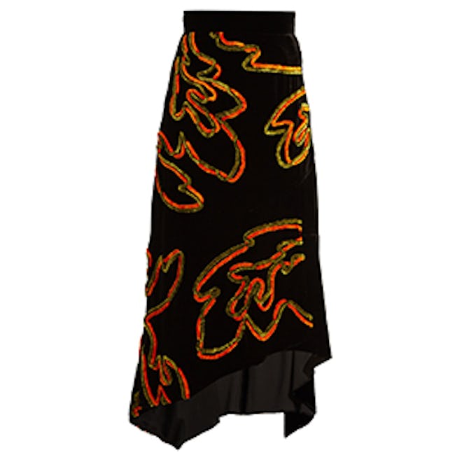 Floral-Chenille Asymmetric Velvet Skirt