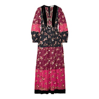 Suzana Velvet-Trimmed Printed Cotton-Blend Maxi Dress