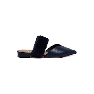 Navy Croc Faux Fur Strap Pointed Mules