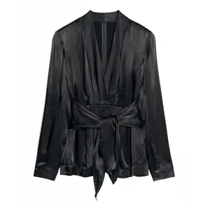 Terilee Satin Wrap Blouse Black