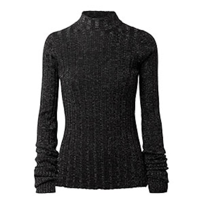 Metallic Ribbed Merino Wool-Blend Turtleneck Sweater