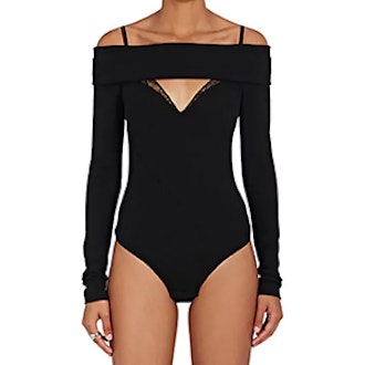 Lace-Trimmed V-Cutout Compact Knit Bodysuit