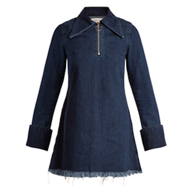 Point-Collar Raw Edge Denim Mini Dress