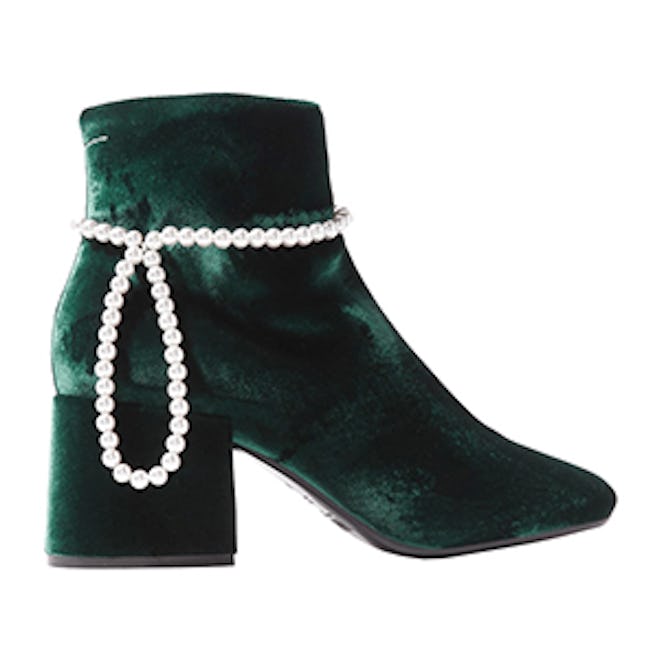 Faux Pearl-Embellished Velvet Ankle Boots