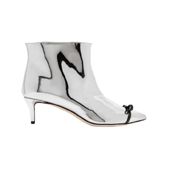 Bow-Embellished PVC-Trimmed Mirrored Faux Leather Ankle Boots