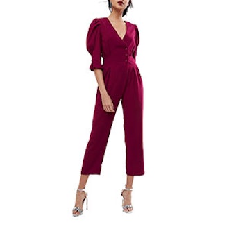 Teas Jumpsuit with Button Sleeve and Peg Leg