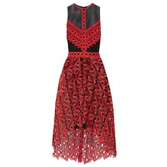 Asymmetric Pleated Guipire and Leavers Lace Dress