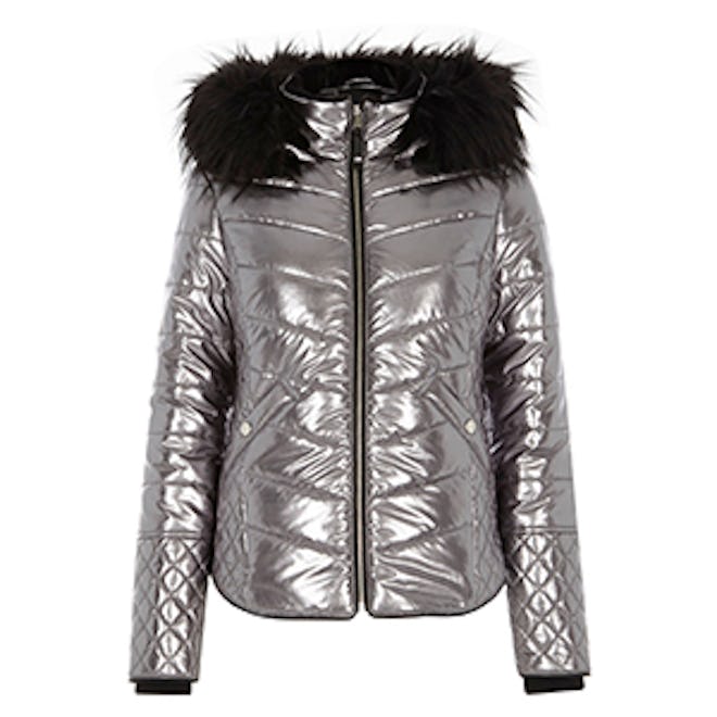 Silver Metallic Faux Fur Trim Padded Jacket