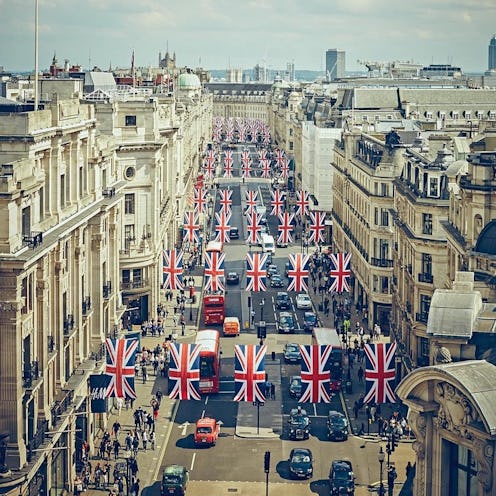 The view at London with the United Kingdom flags all around the city