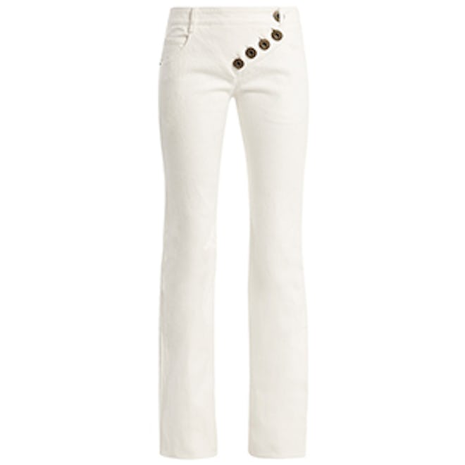 Mid-Rise Asymmetric-Button Flared Jeans