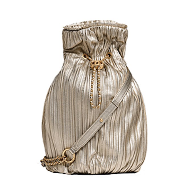 Pleated Iridescent Crumpled Calfskin & Gold-Tone Metal Backpack in Bronze