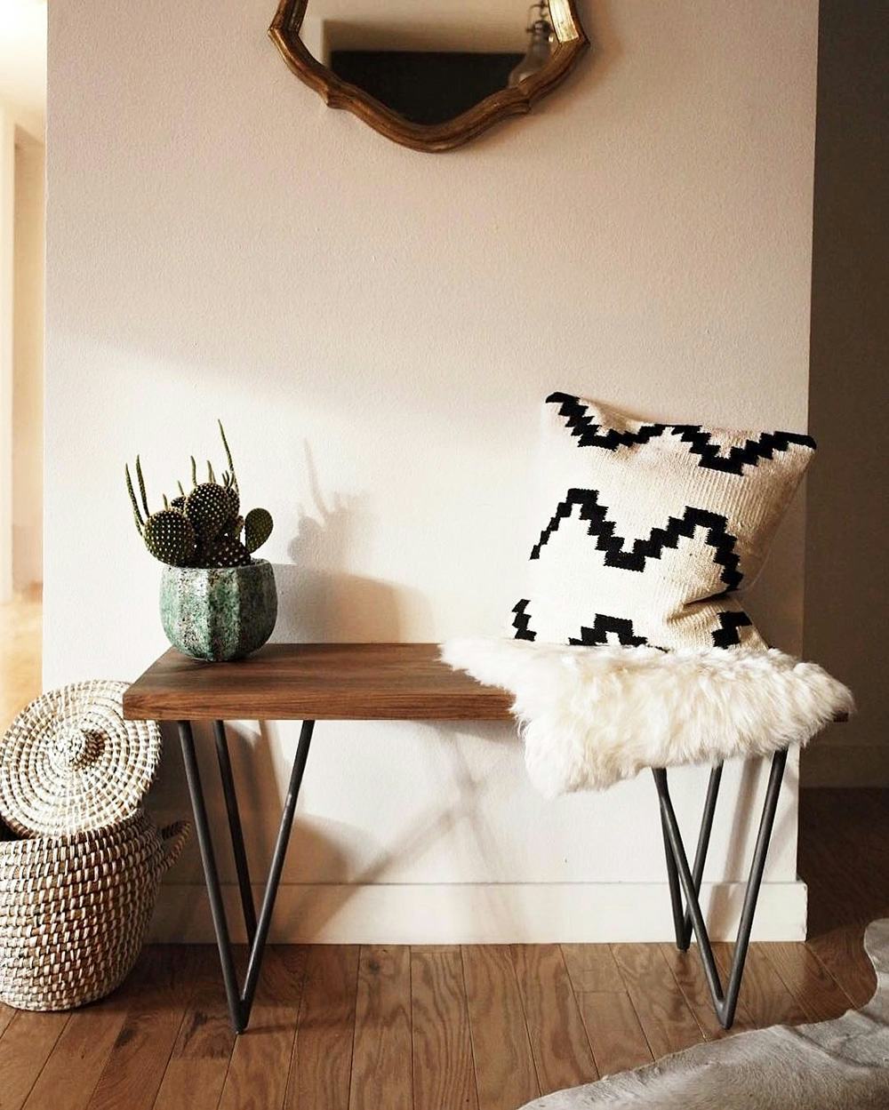 A wooden table with a potted cactus and two throw pillows