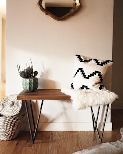 A wooden table with a potted cactus and two throw pillows