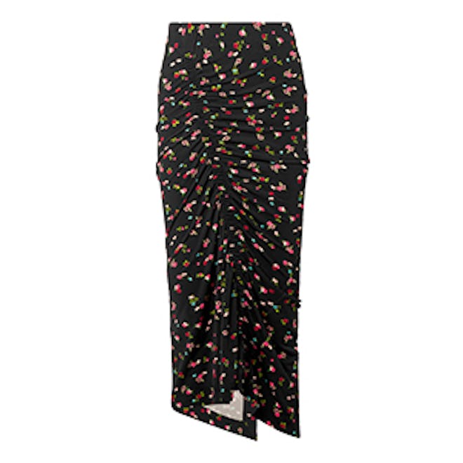 Jessica Ruched Floral-Print Stretch-Crepe Midi Skirt