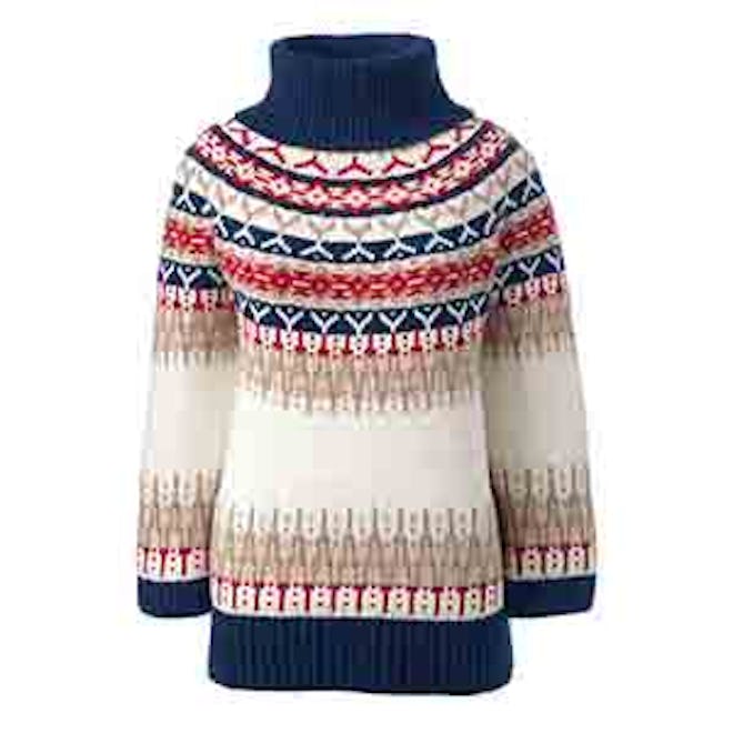 Womens Petite 3/4 Sleeve Fair Isle Turtleneck Sweater