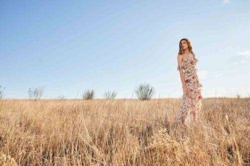 Model wears Jillian Cactus Flower Printed Midi Dress from Rachel Zoe's Spring 2018 Collection