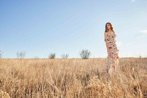 Model wears Jillian Cactus Flower Printed Midi Dress from Rachel Zoe's Spring 2018 Collection